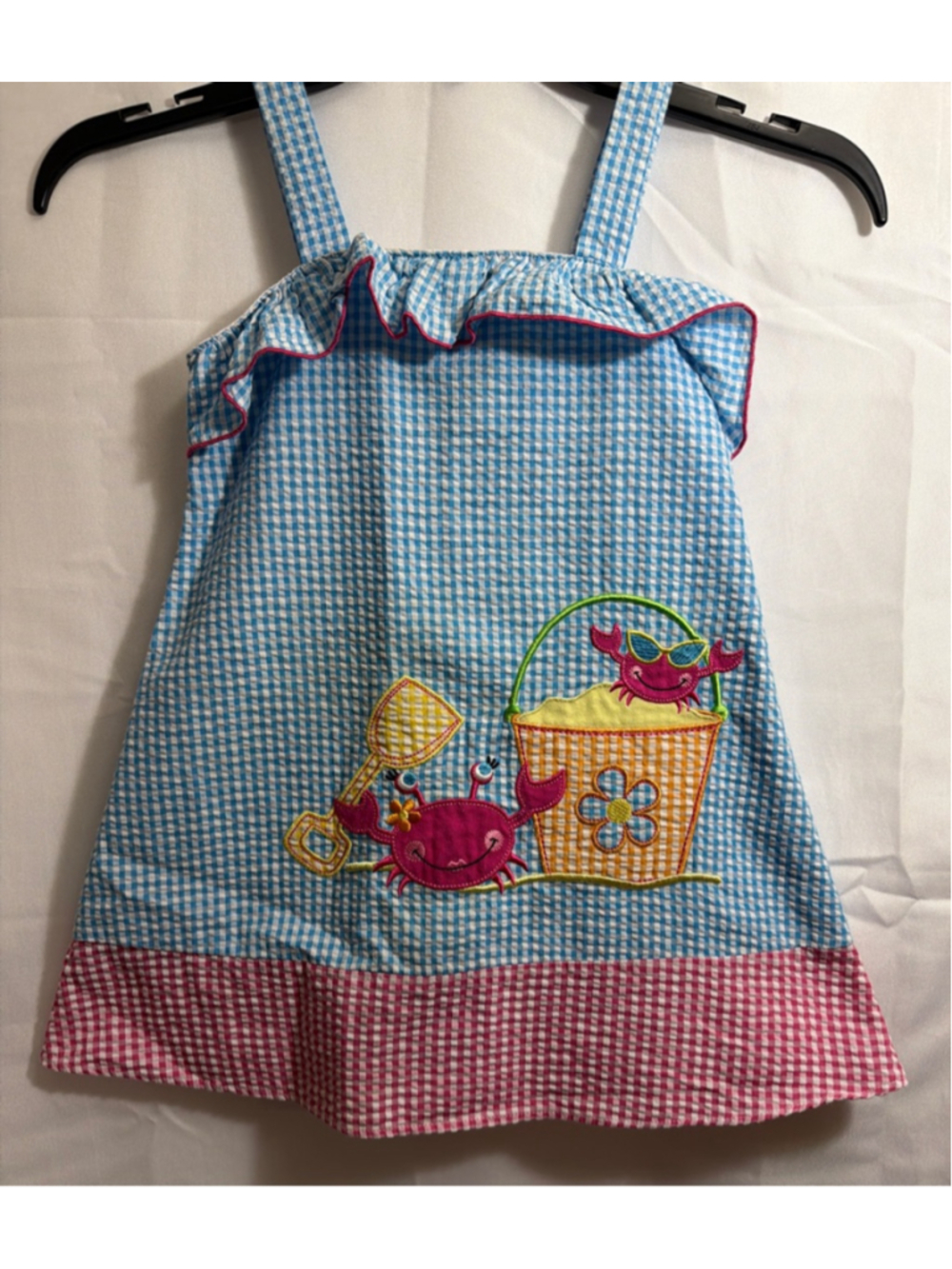 Girls goodlad Gingham Seersucker Dress Size 5 Blue Pink Crab Beach Applique